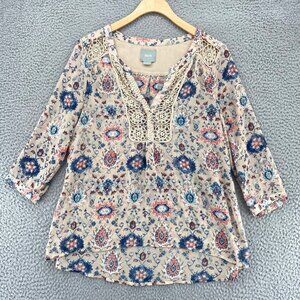 Maeve Anthropologie Top Womens 2 Beige Multi Floral 3/4 Sleeves Crochet Accent